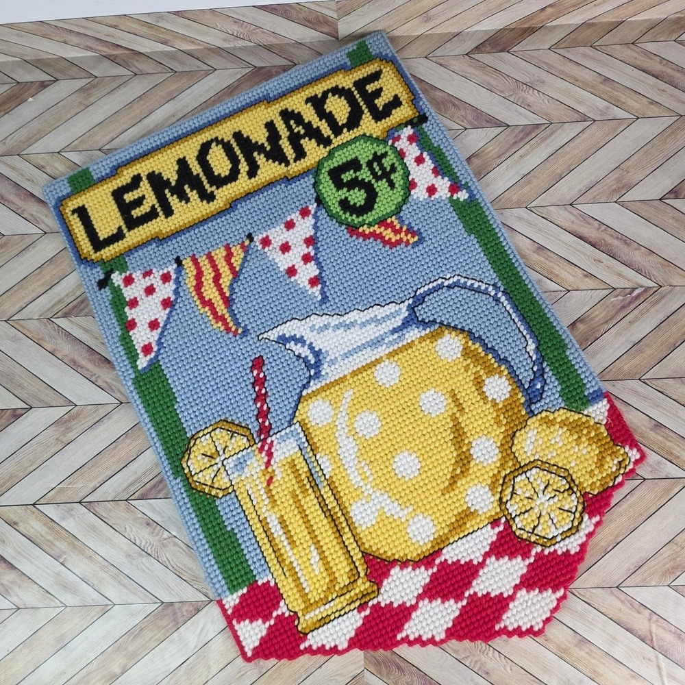 Completed Craftways August Banner Lemonade Stand Cross Stitch Hanging Decor
